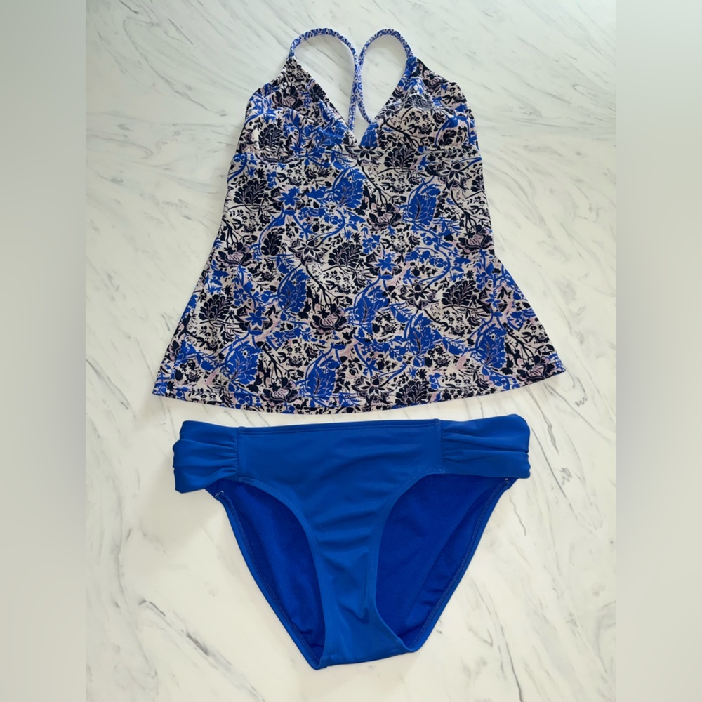 Athleta blue tankini top bottom set strappy royal blue xs Floral
